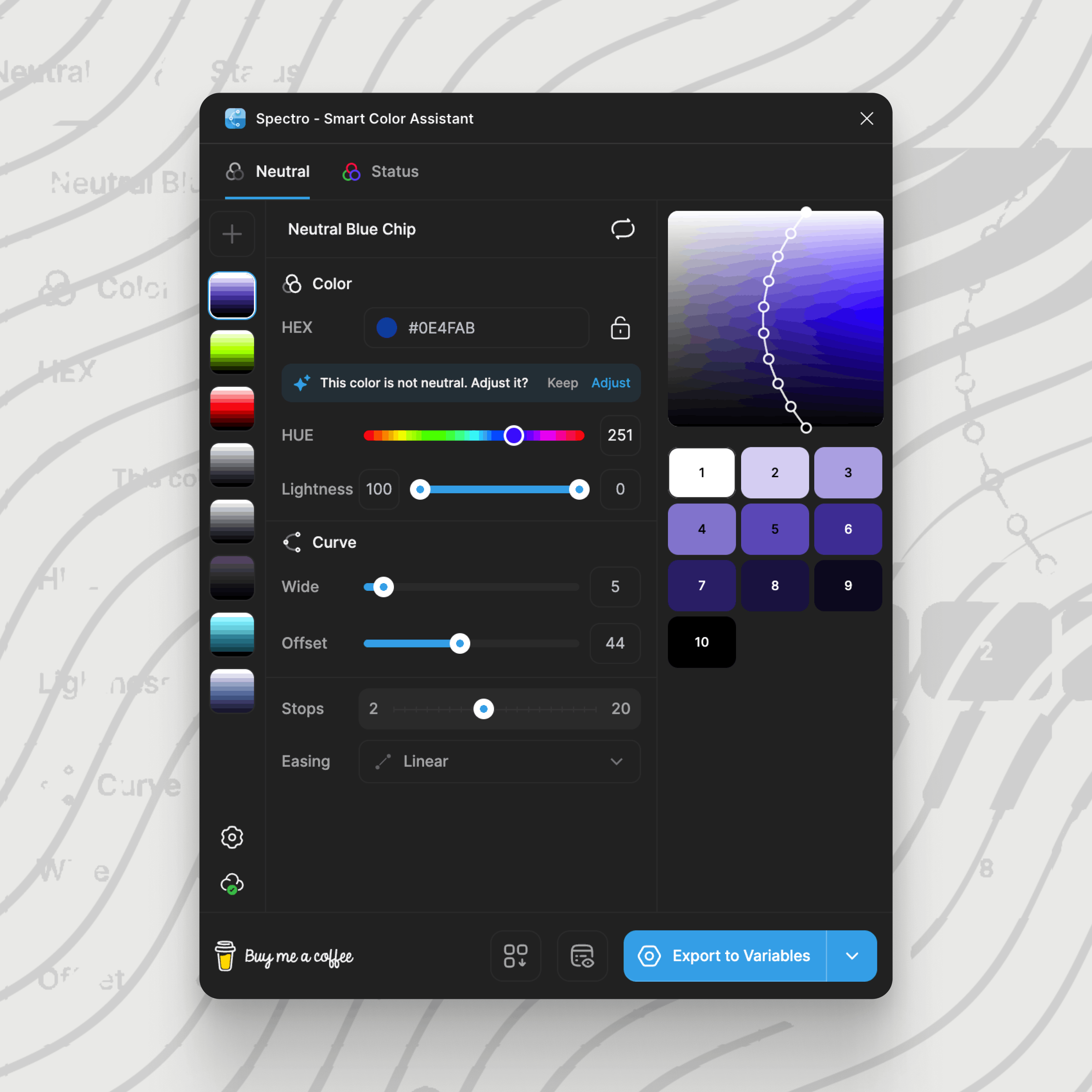 The Spectro panel open in Figma, generating a neutral blue palette with ten stops